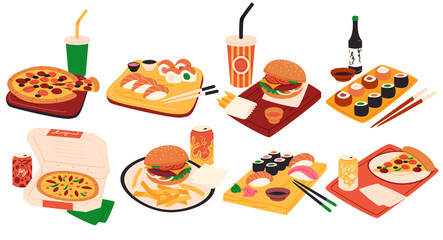 Sushi, pizza and burgers collection. Fast food isolated set in cartoon style. Different dishes Asian and American cuisine.