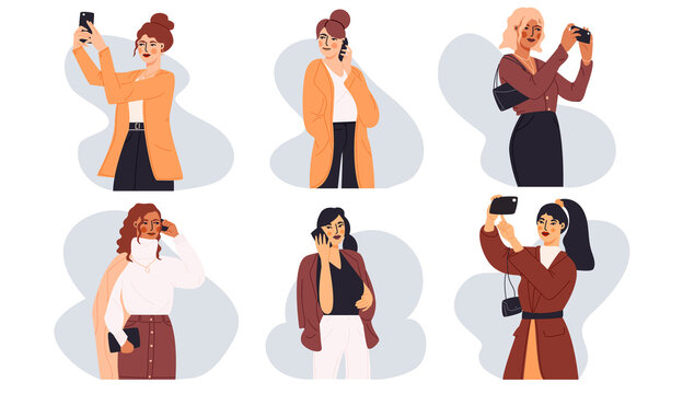 Female character using smartphone banner design collection. Businesswoman telephone call, successful person background. Modern woman in trendy outfit talking phone flat cartoon illustration set.