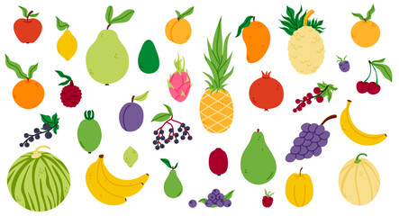 Big fruits collection in flat style. Berries and citruses set. Different colorful summer exotic harvest.