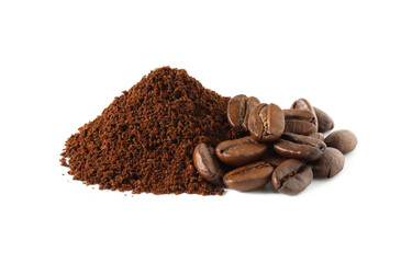 Coffee powder (ground coffee beans) and coffee beans isolated on the white background.