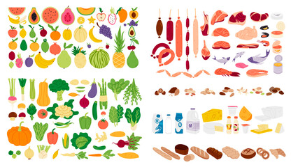 Grocery products elements collection. Fruits and vegetables isolated set. Different meat, fish and dairy ingredients in cartoon design. - obrazy, fototapety, plakaty