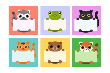 Set Cute Animals Holding Banners. Template for, memo, planner, to do listbook, note, notebook, paper cards, notes, stickers, labels.
