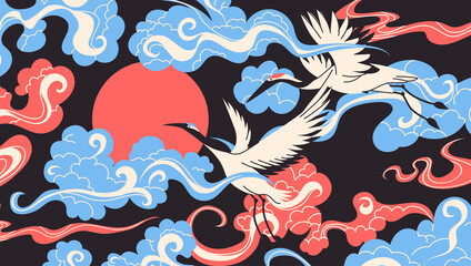 Crane birds flying through the clouds flat cartoon illustration. Asian nature banner design. Japanese ornamental background.