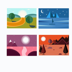 Landscapes set. Landscape and poster. Banner illustration. Mountains, sunset, summer, night. Trees and nature.