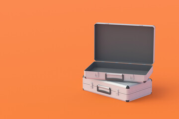 Open metal suitcases for lot of money or documents on orange background. 3d render