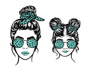 Woman face and girl face with aviator leopard glasses bandana . Messy Bun Mom Lifestyle. Messy Bun Girl Lifestyle.Vector illustration. Isolated on white background. Good for posters, t shirts, postcar