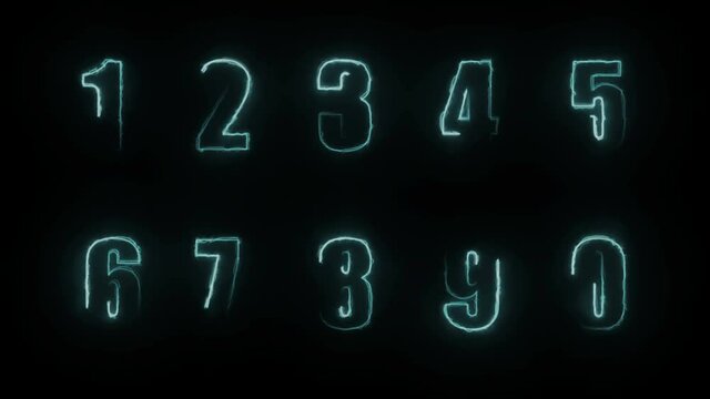 Effects of dynamic glow of contours of numbers on a black background. Neon design elements. Futuristic glowing background.  Looped