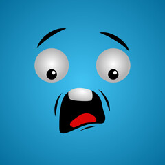Cartoon face expression. Kawaii manga doodle character with mouth and eyes, shocked face emotion, comic avatar isolated on blue background. Emotion squared. Flat design.