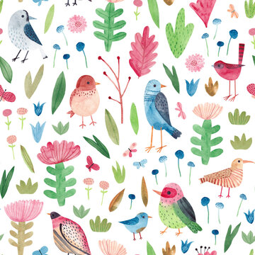 Watercolor seamless pattern. Cute birds and flowers. Childish background.