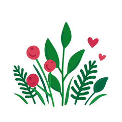 Red berries, hearts and green leaves and herbs. Summer design in flat style. Field and forest herbs and berries isolated on a white background. A bundle of twigs and cranberry for your design. Vector.