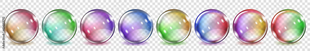 Poster set of translucent colored spheres with glares and shadows on transparent background. transparency o