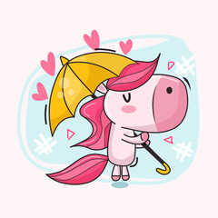 Cute unicorn floating with umbrella