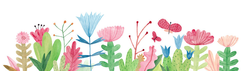 Aquarellillustration mit Wildblumen, Kräutern und Schmetterlingen. Panoramische horizontale lokalisierte Illustration. Horizontales Banner. © bukhavets