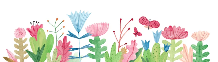 Aquarellillustration mit Wildblumen, Kräutern und Schmetterlingen. Panoramische horizontale lokalisierte Illustration. Horizontales Banner. © bukhavets