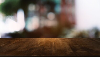 Empty dark wooden table in front of abstract blurred bokeh background of restaurant . can be used for display or montage your products.Mock up for space.
