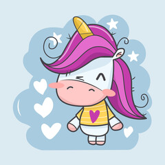 Cute unicorn illustration with stars and hearts