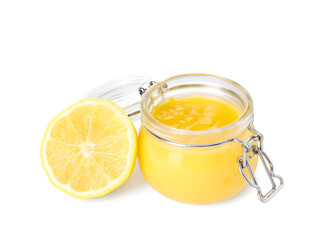 Delicious lemon curd and fruit on white background