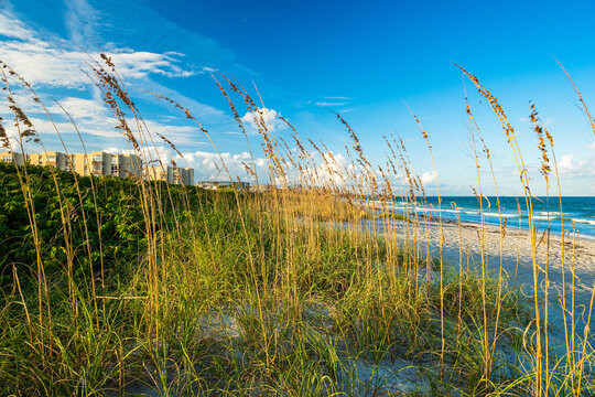 Beautiful Cocoa Beach, Florida with blue sky and clouds