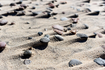 Fototapeta na wymiar Sandy beach with pebbles on the sand in a sunny day. Baltic Sea.