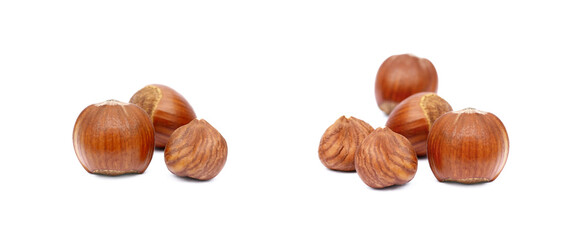 Group fresh hazelnuts isolated on white background