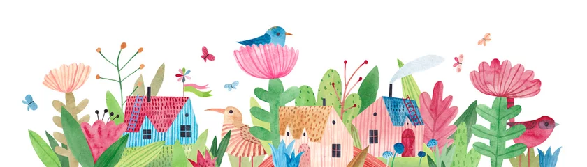 Aquarellillustration mit süßen Dorfhäusern, Wildblumen, Kräutern und Schmetterlingen. Panoramische horizontale lokalisierte Illustration. Horizontales Banner. © bukhavets