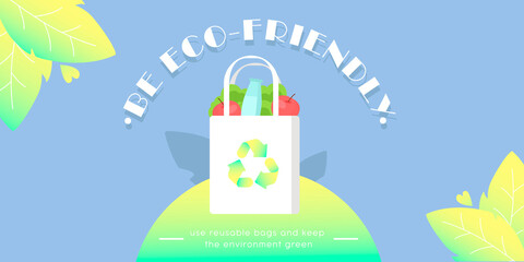 Ecology concept. Girl with eco bag on the background of leaves and phone. Shopping without waste, reusable, environmental concern. Flat design style minimal vector banner.