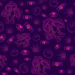 Fototapeta na wymiar Purple psychedelic seamless pattern with gradient occult elements. Narcotic repeat background with mushrooms, eyes, potions, marijuana and other spell incantation objects. Trippy and witchy texture