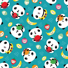 Kawaii panda and fruit seamless vector pattern background. Backdrop with cartoon bears holding apples, bananas, strawberries, oranges. Laughing and smiling animals. Healthy eating concept for kids