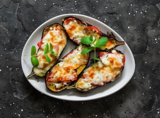 Mediterranean style baked eggplant with mozzarella and tomatoes on a light background, top view