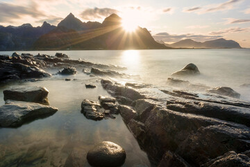 Beautiful view of mountains and beach in Lofoten Islands at sunset