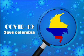 Obraz na płótnie Canvas Save colombia for stop virus sign. Covid-19 virus cells or corona virus and bacteria close up isolated on blue background,Poster Advertisement Flyers Vector Illustration.