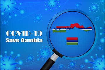 Obraz na płótnie Canvas Save Gambia for stop virus sign. Covid-19 virus cells or corona virus and bacteria close up isolated on blue background,Poster Advertisement Flyers Vector Illustration.