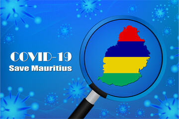 Save Mauritius for stop virus sign. Covid-19 virus cells or corona virus and bacteria close up isolated on blue background,Poster Advertisement Flyers Vector Illustration.