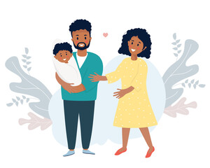 Family life concept. A happy black husband holds a smiling newborn son in his arms. A lovely woman-wife stands next to him. Vector illustration. Happy Ethnic Family with Little Boy, Family Day