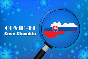 Obraz na płótnie Canvas Save Slovakia for stop virus sign. Covid-19 virus cells or corona virus and bacteria close up isolated on blue background,Poster Advertisement Flyers Vector Illustration.