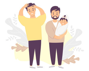 Male couple with a baby. Two sad and frightened men are holding a crying newborn. Vector illustration. LGBT European family with newborn daughter, stressful situation. Family life and emotions concept