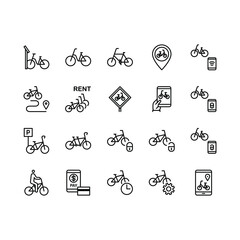 Bike sharing flat line icons set. Urban transportation, rent a bike, bicycle parking, bike rental app, padlock. Simple flat vector illustration for store, web site or mobile app. Editable stroke