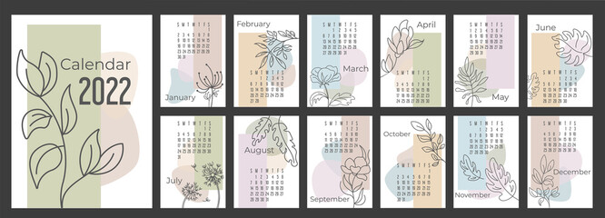 A4 calendar or planner 2022 trendy abstract figures with hand drawn botanic flowers. Cover and 12 monthly pages. Week starts on Sunday, vector illustration pastel colors A3 A2 A6