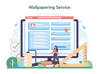 Wall papering online service or platform. Worker gluing wallpapers