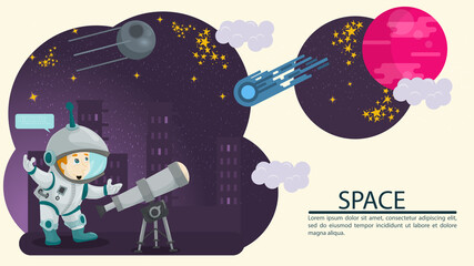 a man in a space suit watches the planet through a telescope flat illustration for a flat design childrens doodle