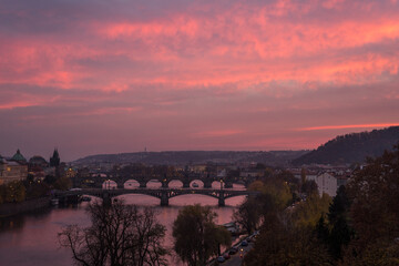 Prague's scenery with a pink sky