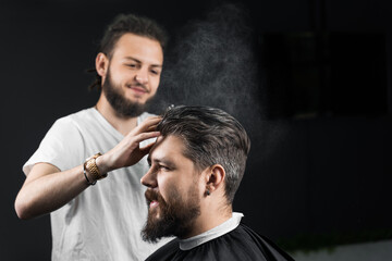 Barber making hairstyle for confident bearded hipster. Advertising for barbershop and men's beauty salon