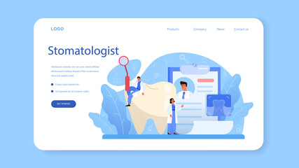 Dentist web banner or landing page. Dental doctor in uniform treating