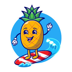Summer with Cute Pineapple Surfing on sea Cartoon flat illustration. Hello Summer Food and Fruits concept flat cartoon style