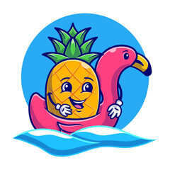 Summer with Cute Pineapple using flamingo swimming float flat illustration. Hello Summer Food and Fruits concept flat cartoon style