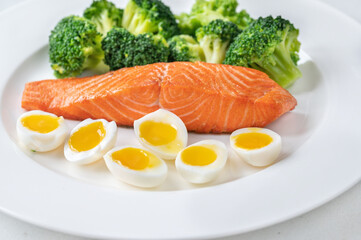 Cooked salmon with broccoli and eggs