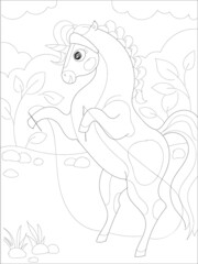 Beautiful unicorn Coloring page. Black and white vector illustration for coloring book