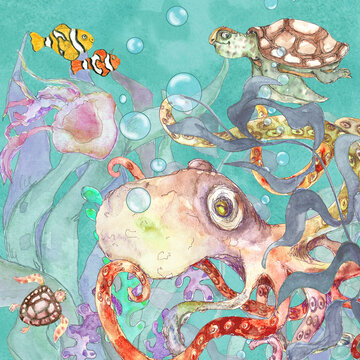 Watercolor underwater sea life whimsical children illustration 