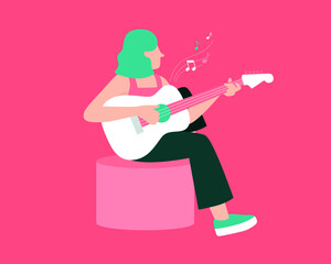 Playing guitar while singing and humming on a cushion Young women flat vector design