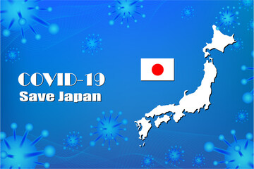 Save Japan for stop virus sign. Covid-19 virus cells or corona virus and bacteria close up isolated on blue background,Poster Advertisement Flyers Vector Illustration.